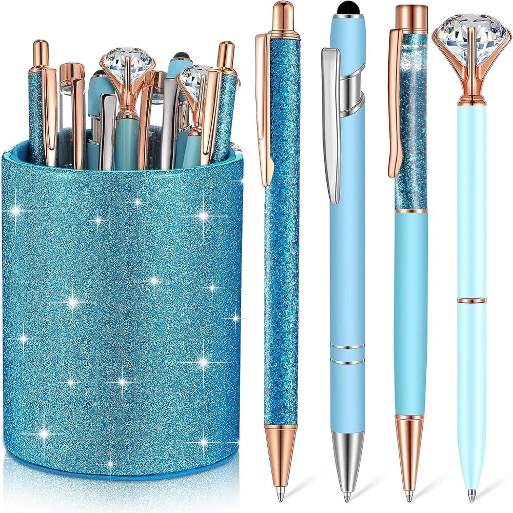 NWT Sparkling Bling Glitter Cup With 8 Ballpoint Pen Set Desk Set + FREE Gift - Picture 2 of 9